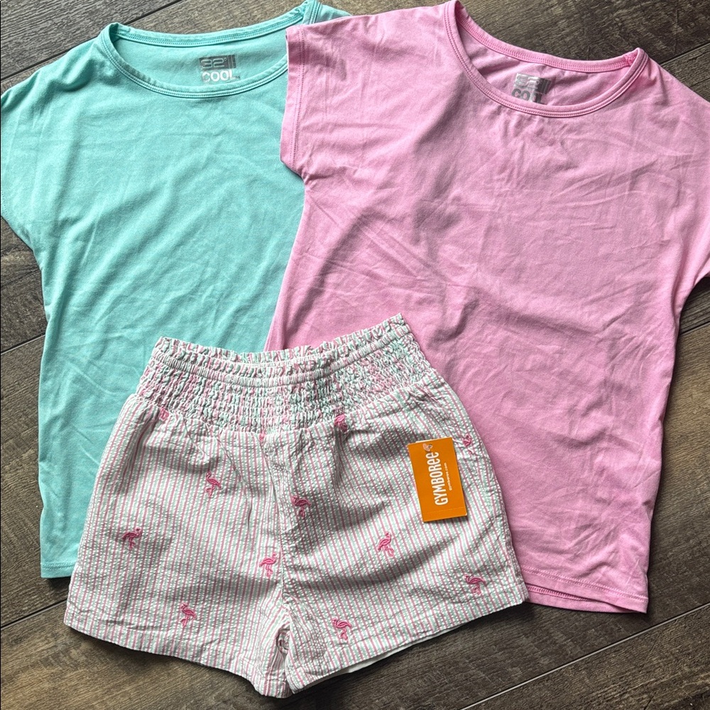 Gymboree Pink & Mint shorts with flamingos + 2 shirts